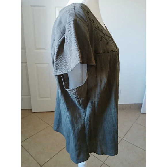 CJ Banks Blouse Womens 1X Top Short Sleeve Green Olive Scoop Neck - Picture 2 of 13